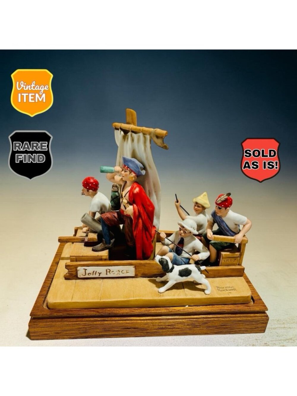 1984 Norman Rockwell Playing Pirates Figure With Wood Base. Parts Only. READ!